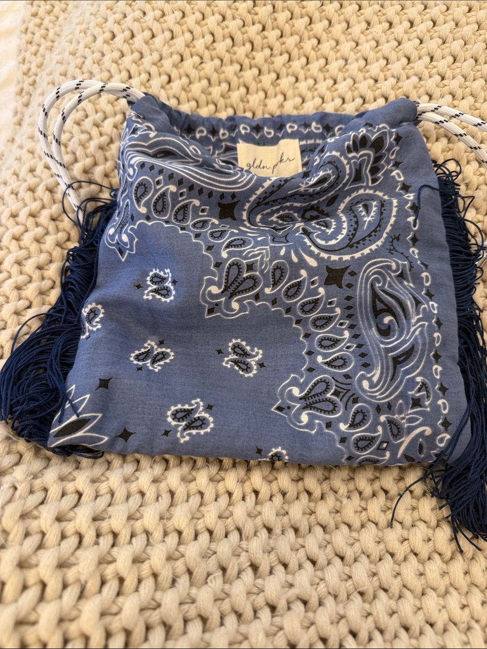 Navy bandanna Drawstring Crossbody Bag with Fringe